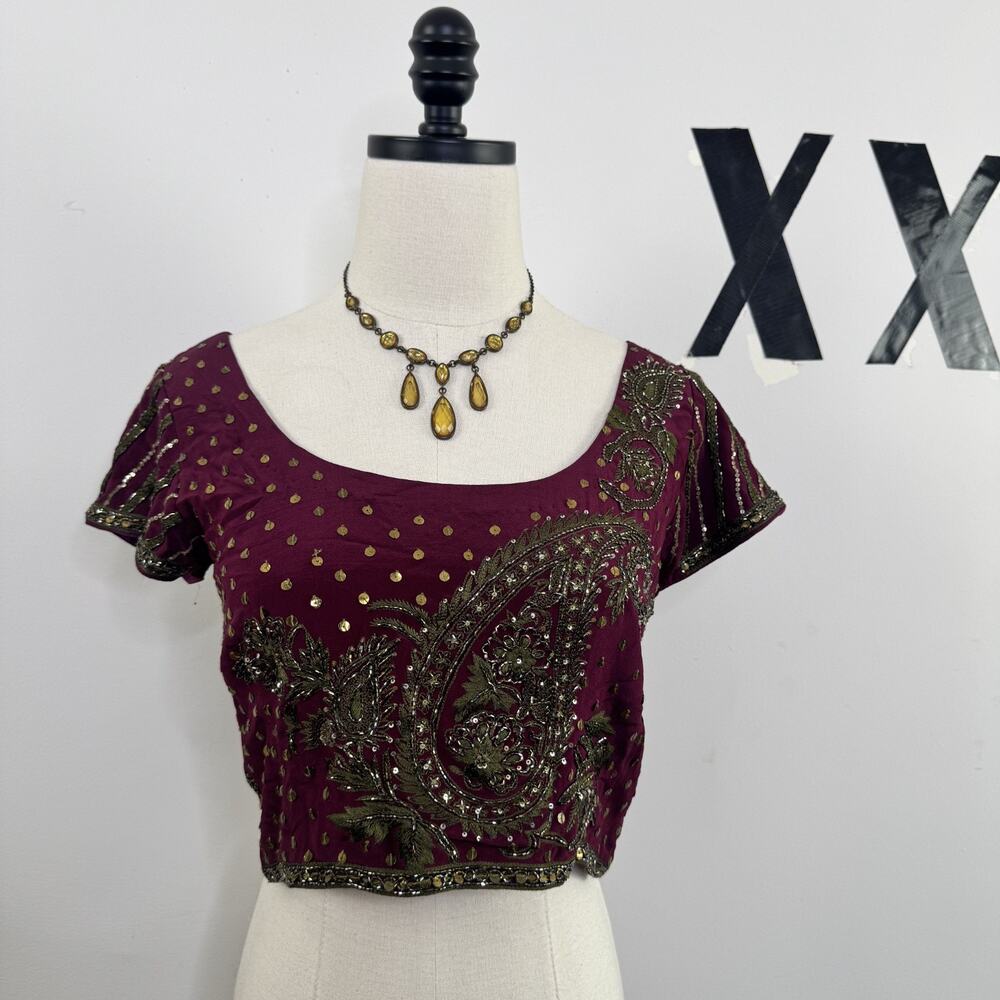 Embellished Silk Choli Burgundy Beaded Sequin Crop Top Indian Festival S